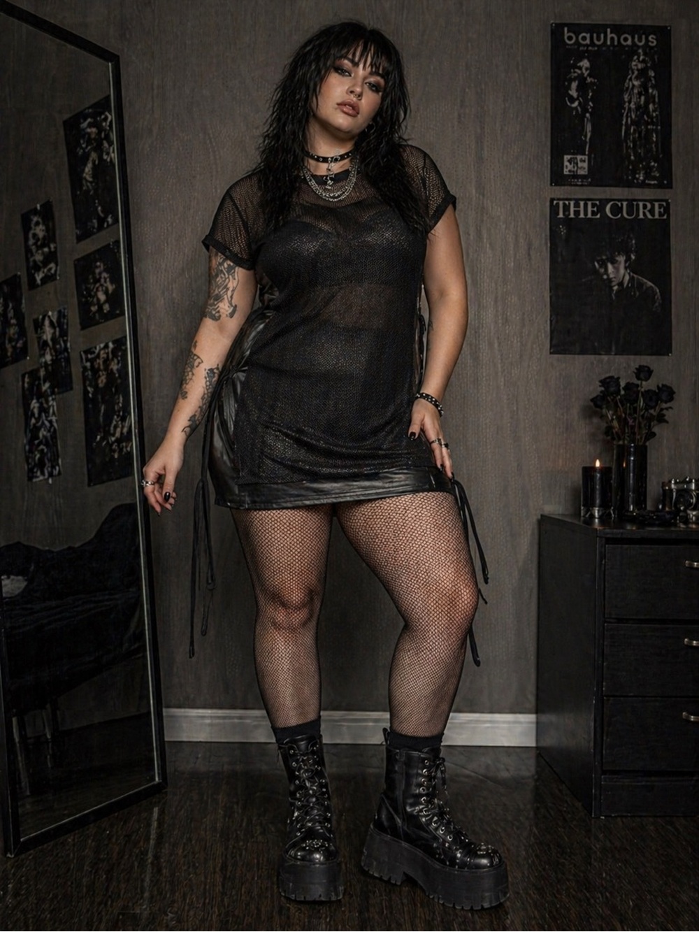 Nollan Black Mesh & Faux Leather Tunic Dress